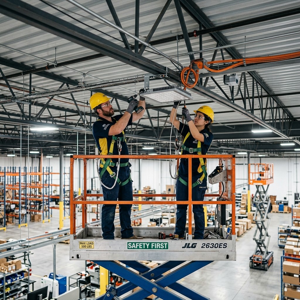 Instalación y montaje profesional de luminarias en nave industrial