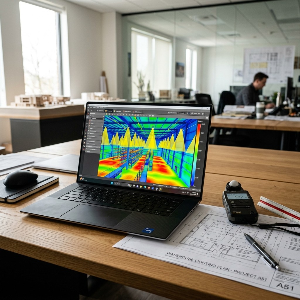 Simulación Dialux 3D con distribución fotométrica y mapa de luxes