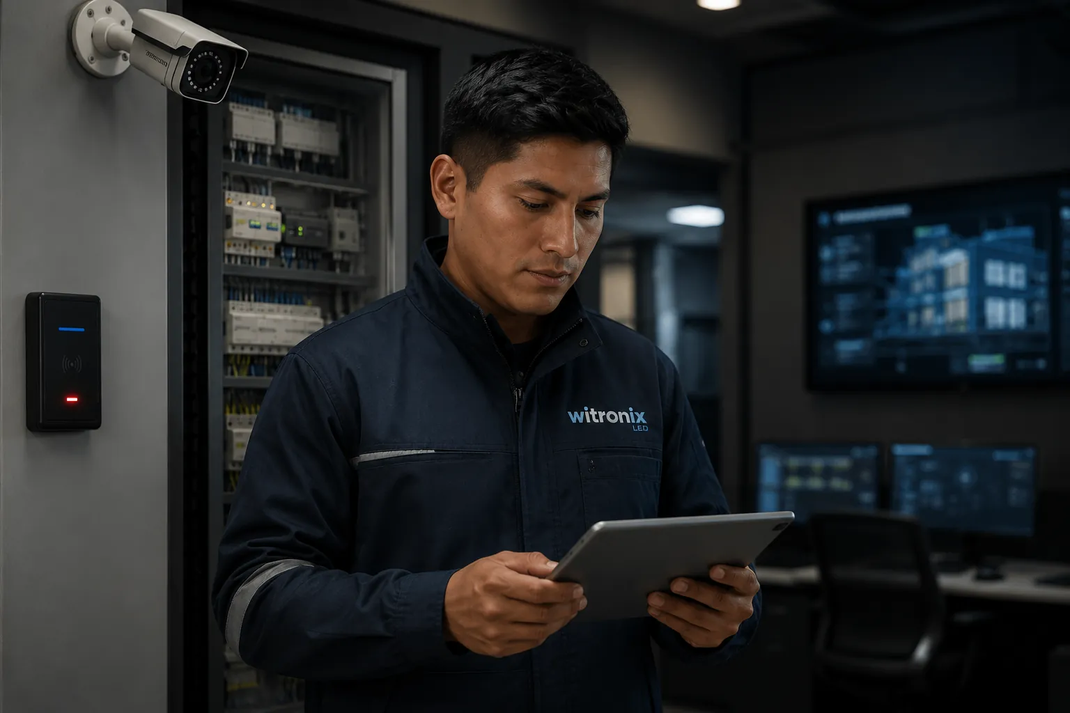 Ingeniero boliviano monitoreando un sistema KNX desde una tablet en una sala de mantenimiento.
