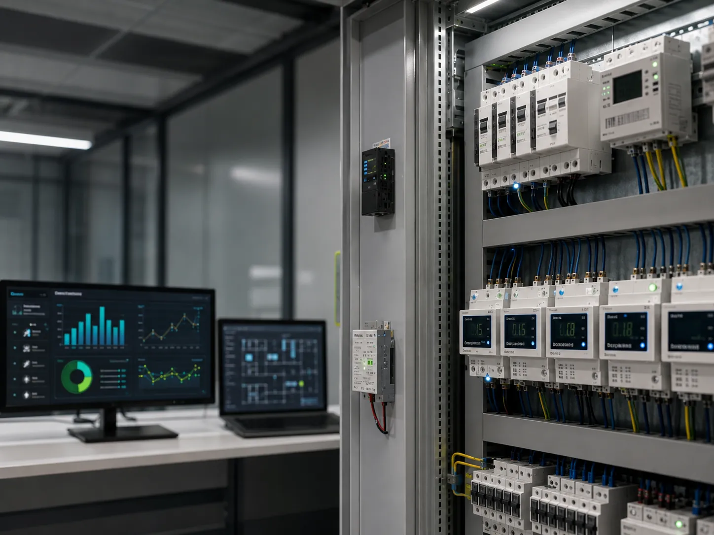 Sistema BMS con medidores de energía, tableros eléctricos y analítica de consumo.