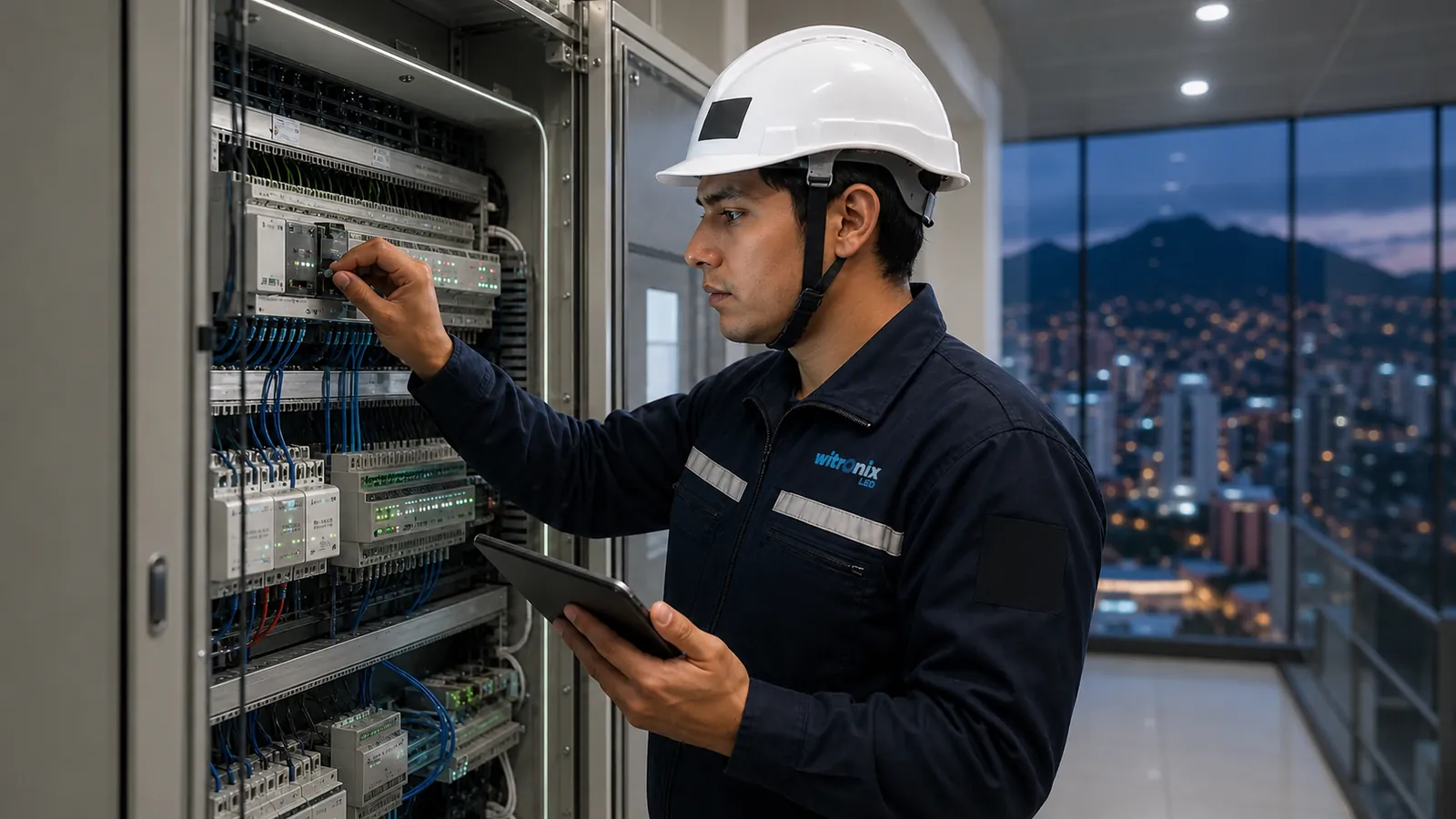 Técnico boliviano revisando un gabinete de automatización KNX en un edificio moderno.