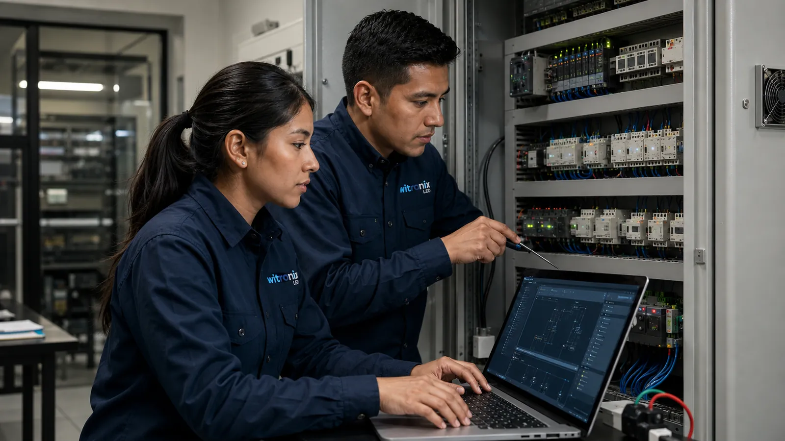 Ingenieros bolivianos de Witronix programando un tablero de automatización KNX con laptop y módulos DIN.